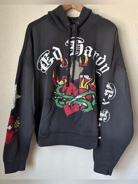 Ed Hardy Black Zip-Up Hoodie with Heart, Flames & Thorn Graphic